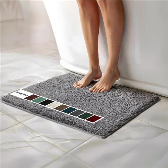 Grey Chenille Bath Mat Large Microfiber Bathroom Rug Non Slip Absorbent 30x19 - Picture 1 of 7